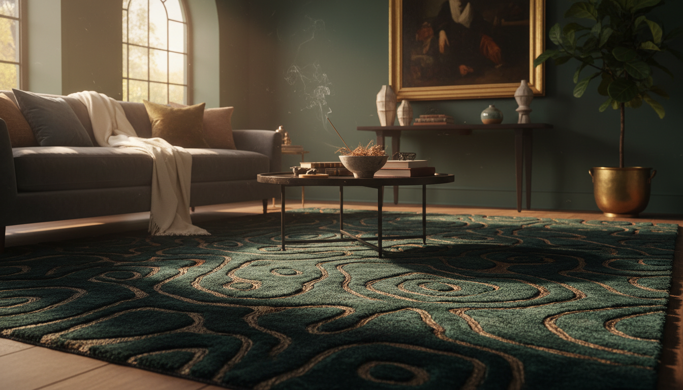 A luxury interior at sunset featuring a deep emerald fermented protein rug with architectural pile heights.