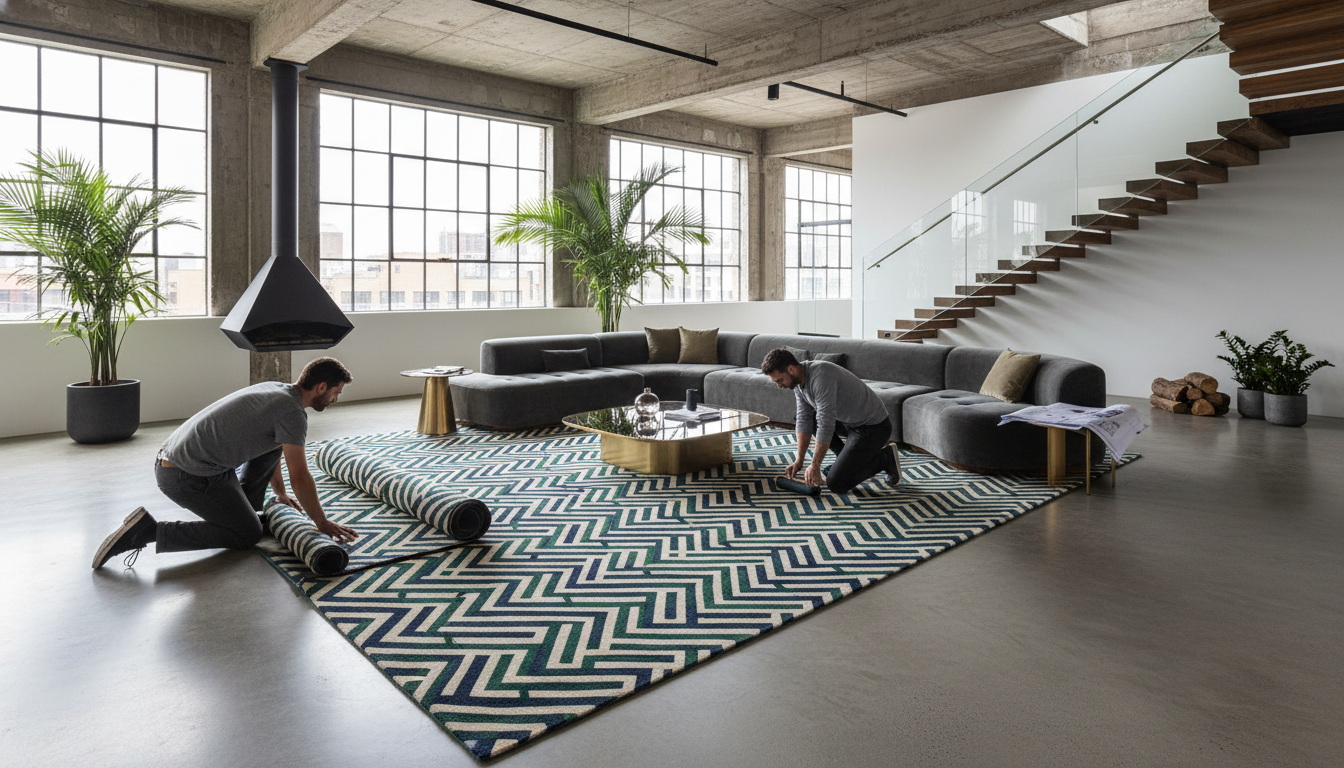Irregularly shaped Neo-Deco rug used to define functional zones in a luxury open-plan living space.