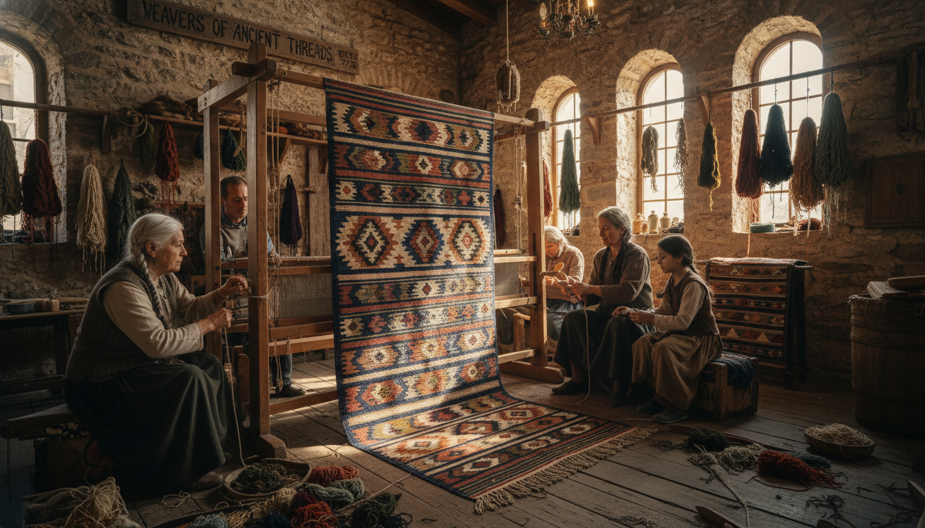 Intergenerational weavers working on a large rug in a traditional setting highlighting cultural heritage.