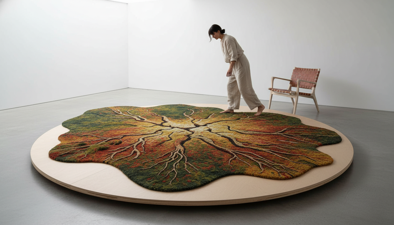 Large-scale Afro-Bohemian rug serving as the primary artistic element in a minimalist room.