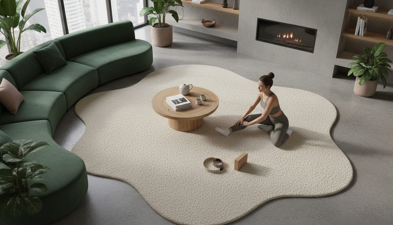 Overhead view of a living room layout using a puddle-shaped moss rug to define a conversational seating area.