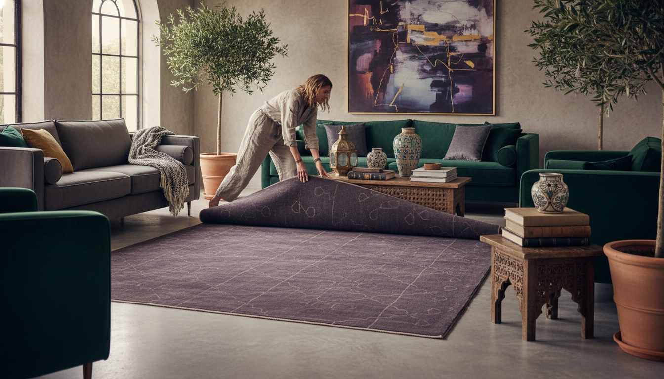 Interior designer arrangement with brass accents and velvet furniture on a dark saturated rug foundation.