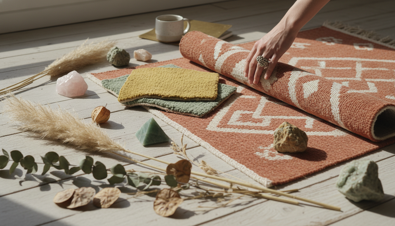 Regenerative rug color palette featuring mineral-dyed earthy tones for 2026 trends.