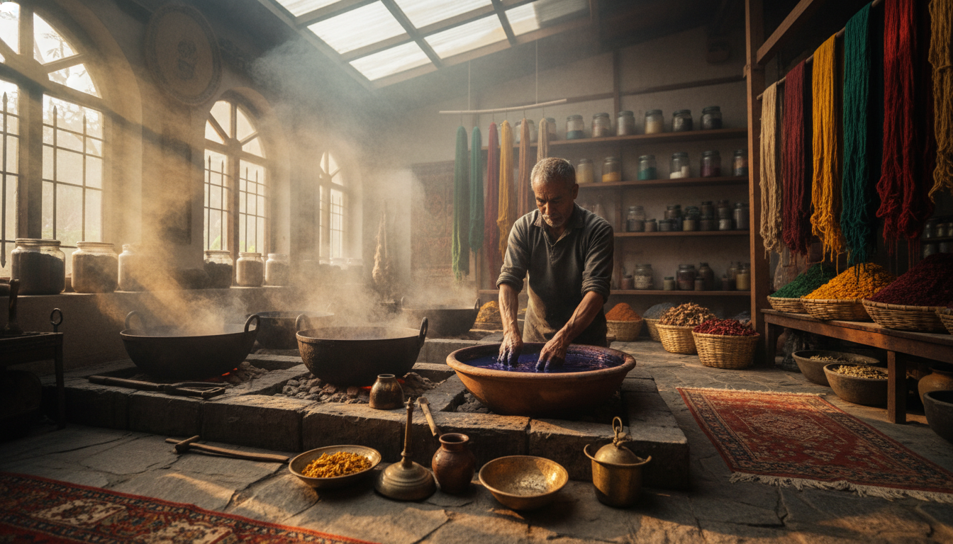 Traditional artisan hand-dyeing wool using sustainable organic dyes for high-end tonal drenched rugs.