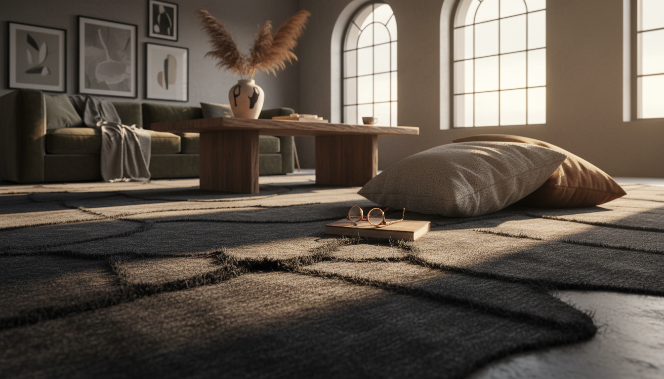 A charcoal Tadelakt-textured rug catching the golden hour light, revealing its deep, plaster-like texture.