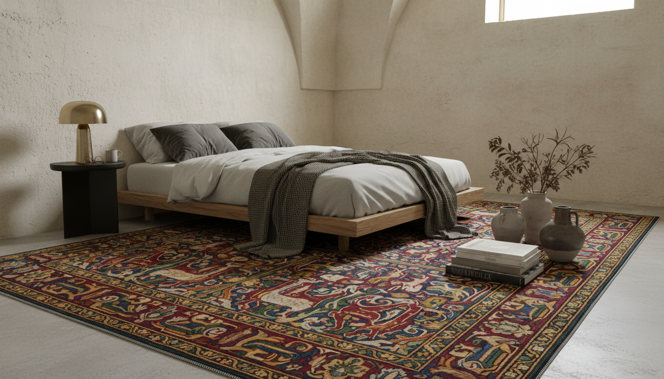 Minimalist bedroom design using a Folk Nouveau rug to add warmth and character to a neutral space.