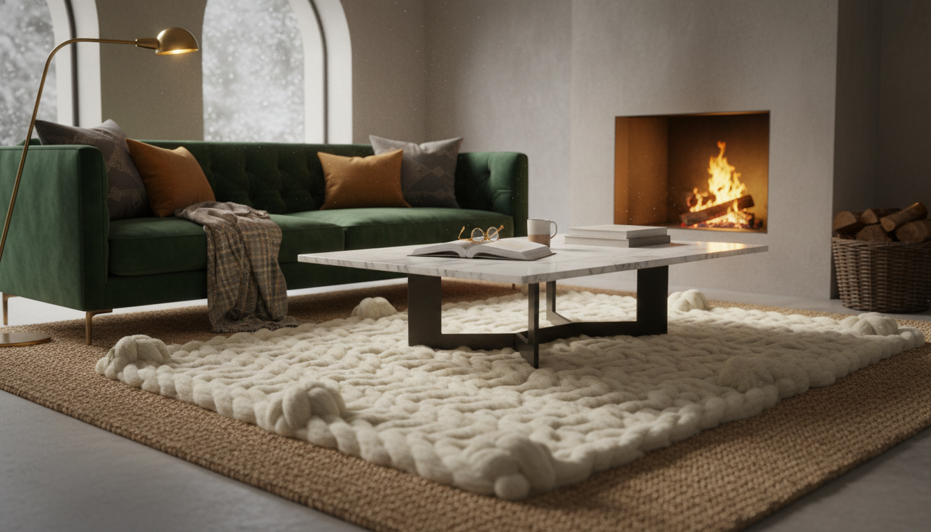 Cozy luxury living room with a chunky wool rug layered over a seagrass base rug near a fireplace.