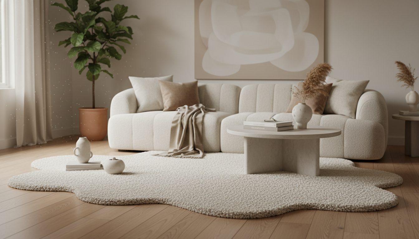 Modern living room with a large organic-shaped bouclé rug and curved furniture.