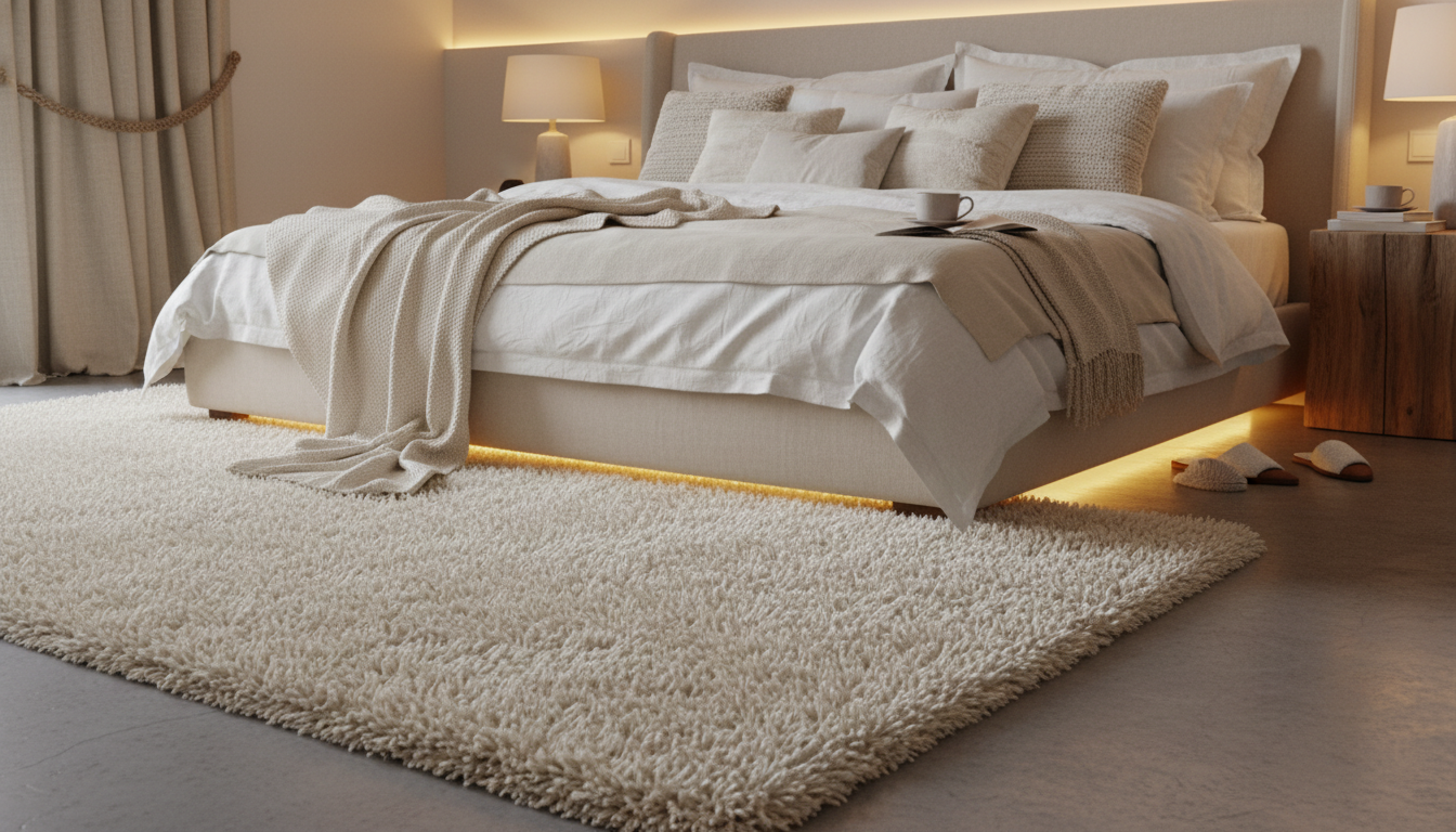 Luxurious bedroom sanctuary with a thick high-pile shag rug providing warmth and texture underfoot.
