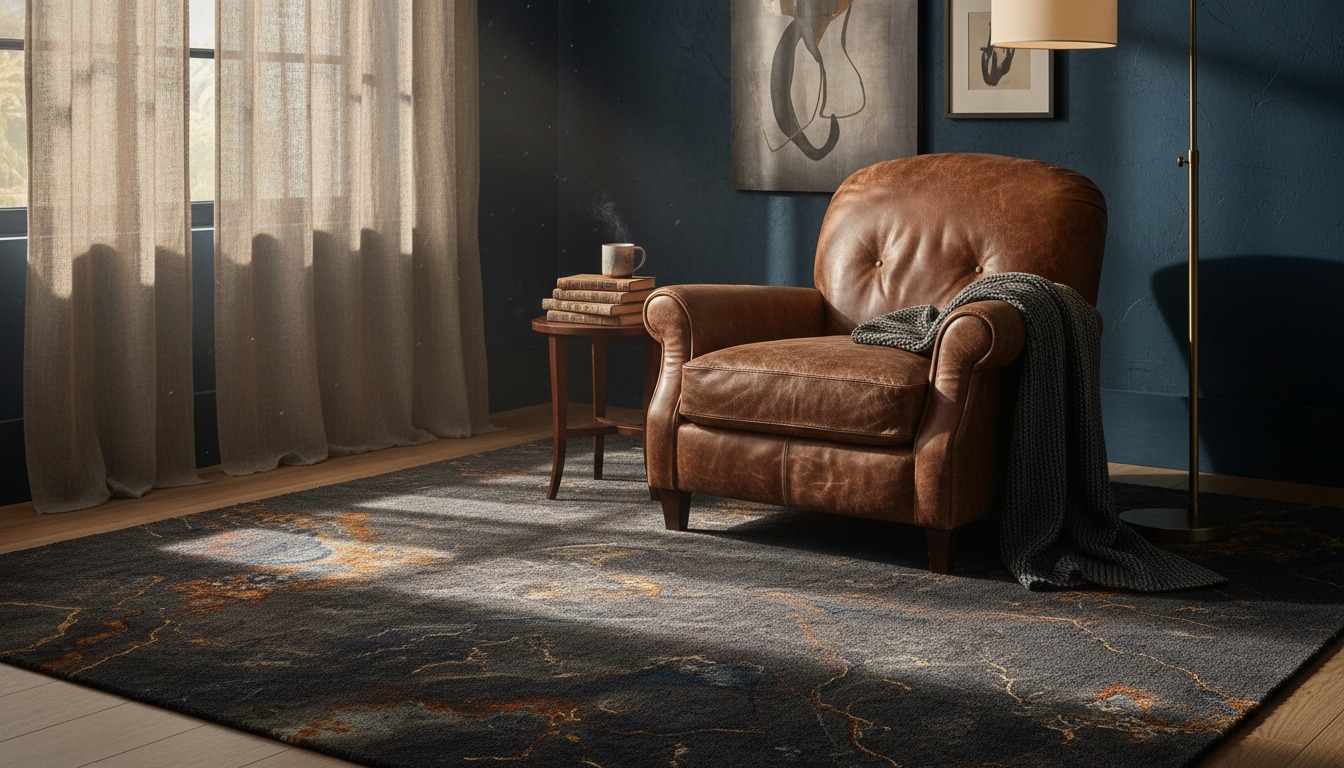 A sophisticated reading nook at sunset featuring a dark mineral-stained rug and high-end boho furniture.