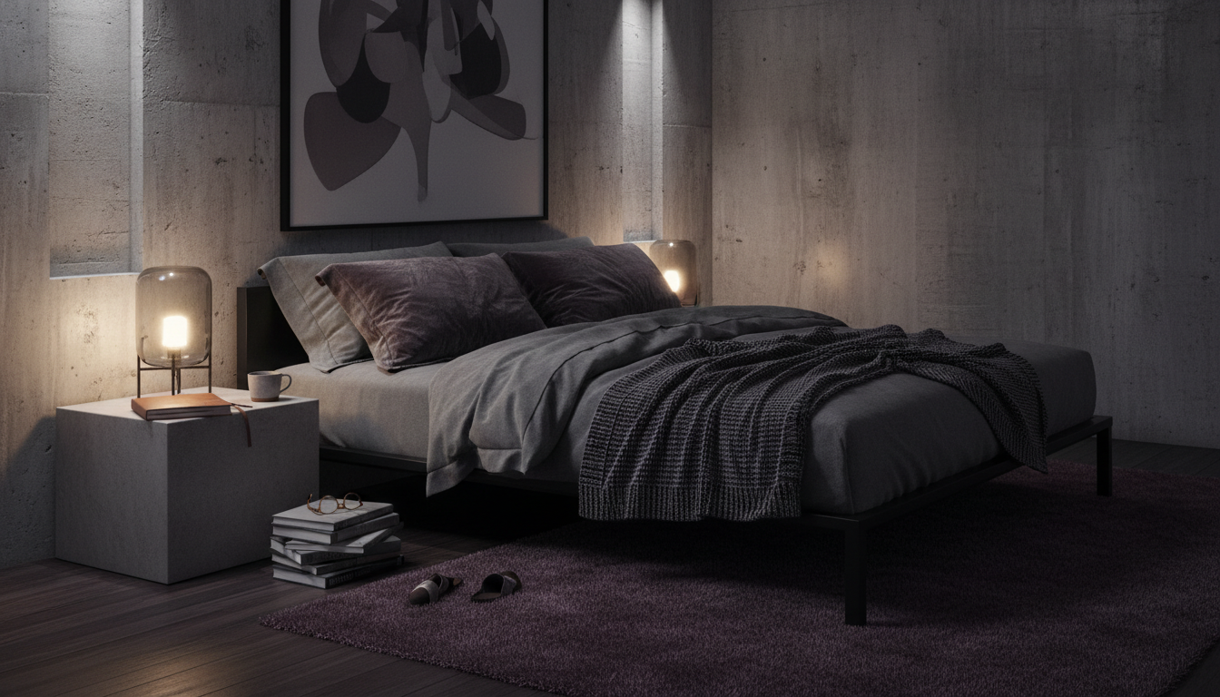 A moody bedroom styling a deep plum rug with dark tones for a 2026 aesthetic.
