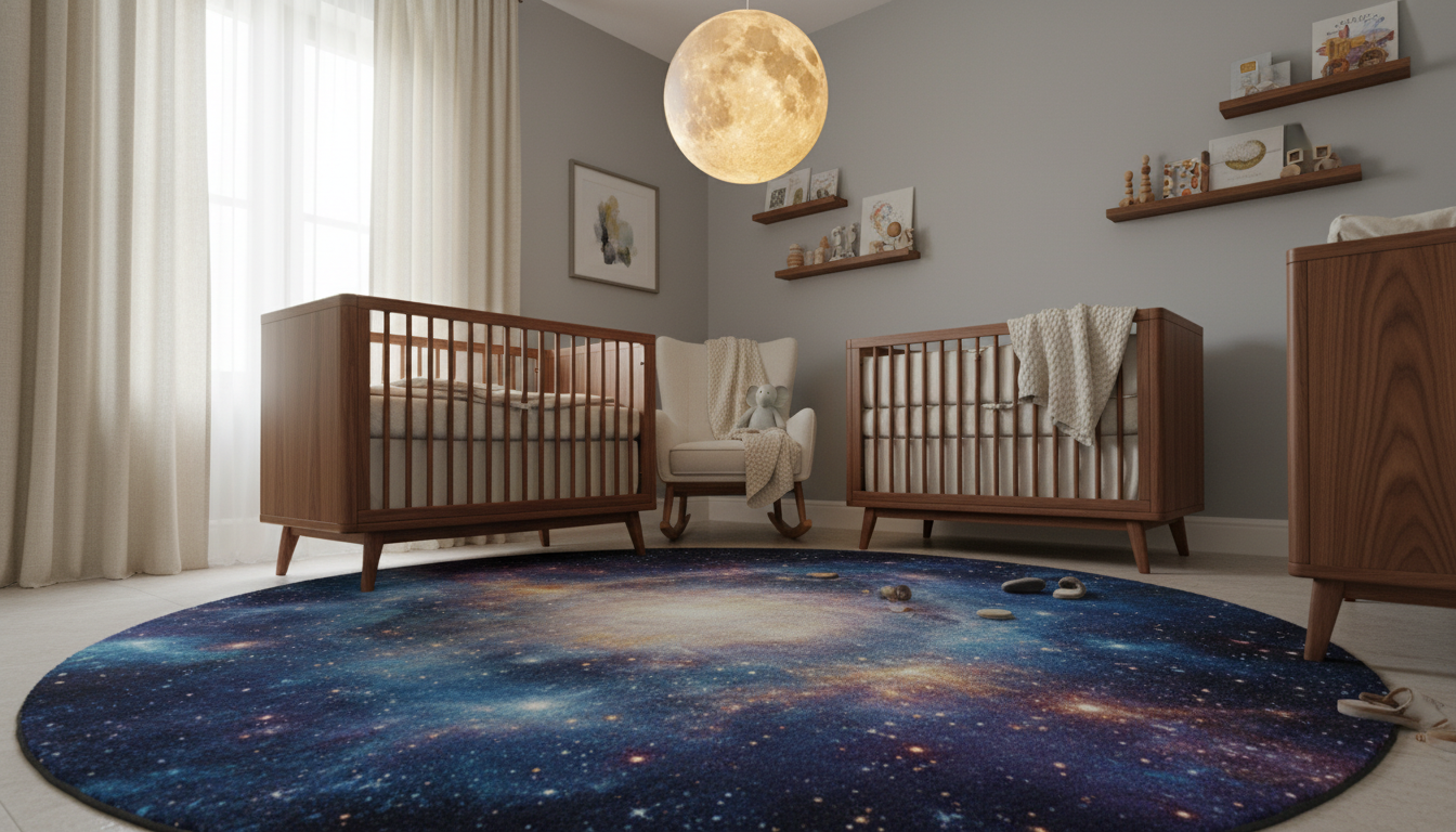 Luxury nursery interior with a deep blue galaxy rug and minimalist wooden crib at twilight.