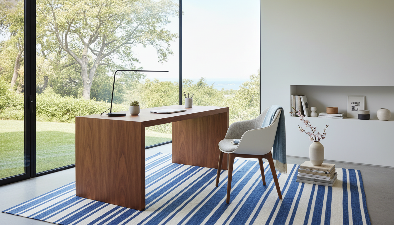 Home office interior with a blue striped Circuscore rug designed to boost productivity and focus.