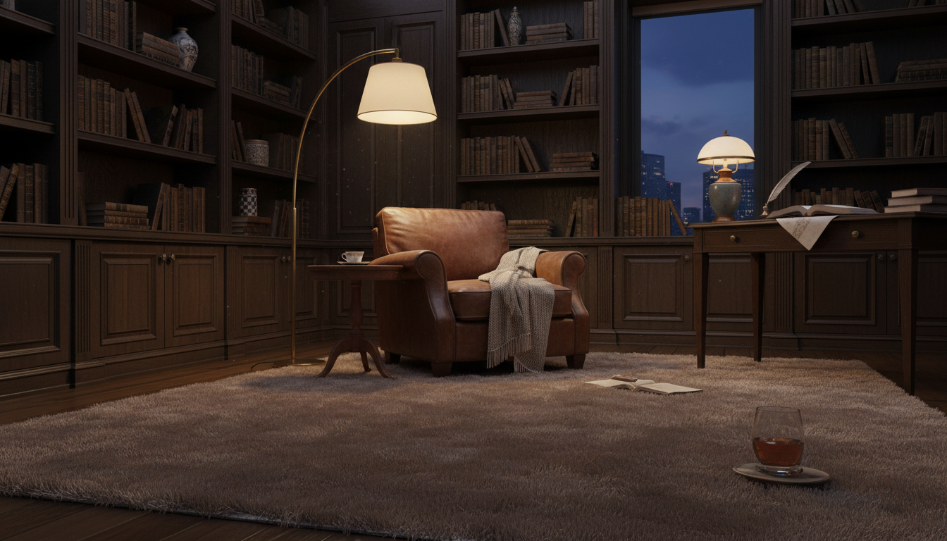 Sophisticated library room with a large neutral mushroom-colored rug and dark shelving.