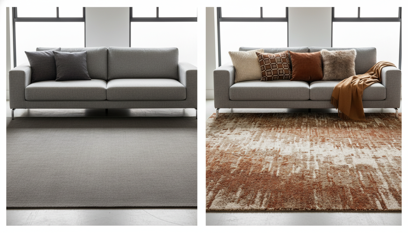 Before and after comparison of a flat gray rug versus a textured mushroom-colored rug with a gray couch.