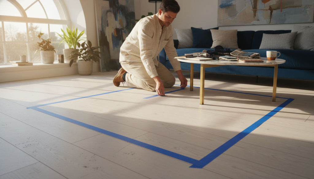Interior designer using the painter's tape method to test rug sizes in a living room before purchasing.