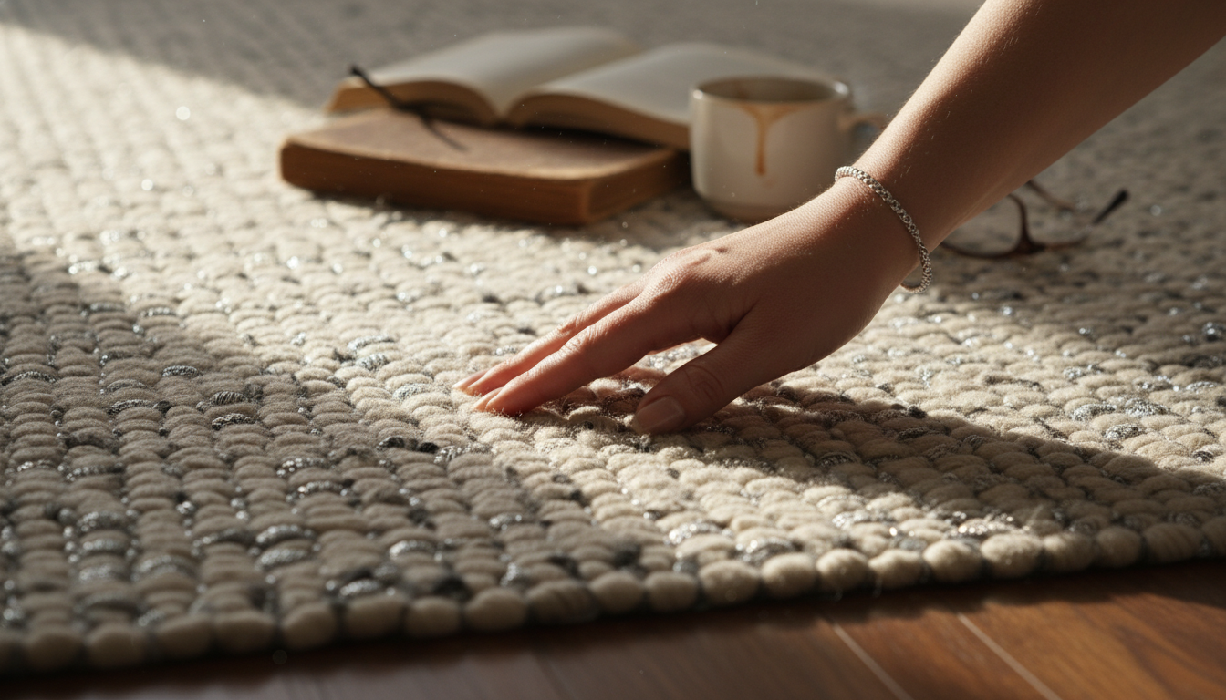 Close-up of a person's hand touching the high-quality texture of a conductive silver rug.
