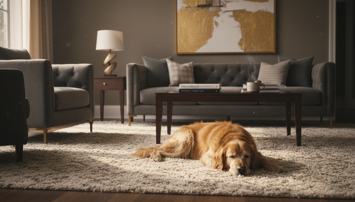 Pet friendly textured neutral washable rug in a room with walnut furniture.