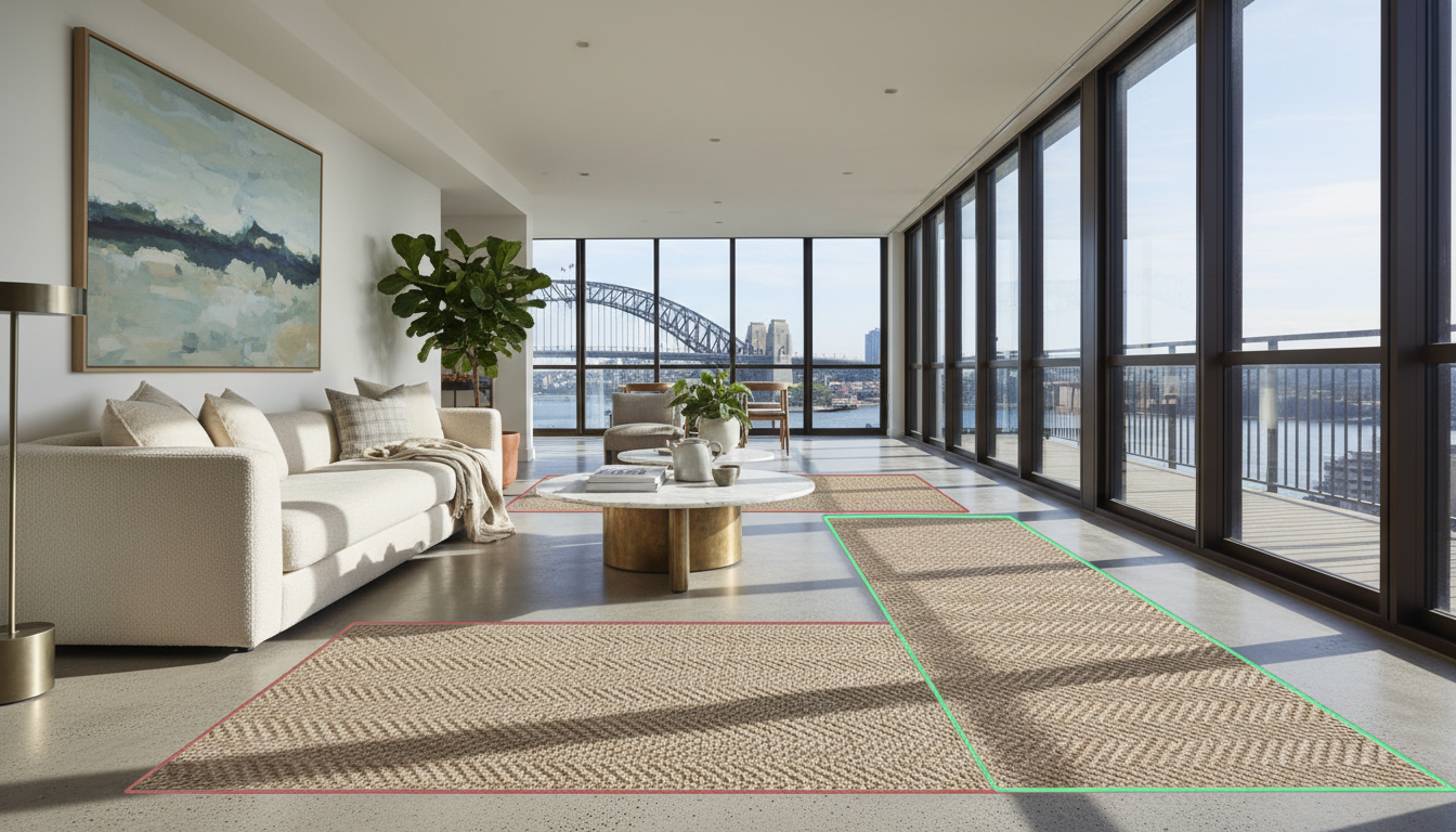 Visual guide for aligning rug orientation with room dimensions and traffic flow.