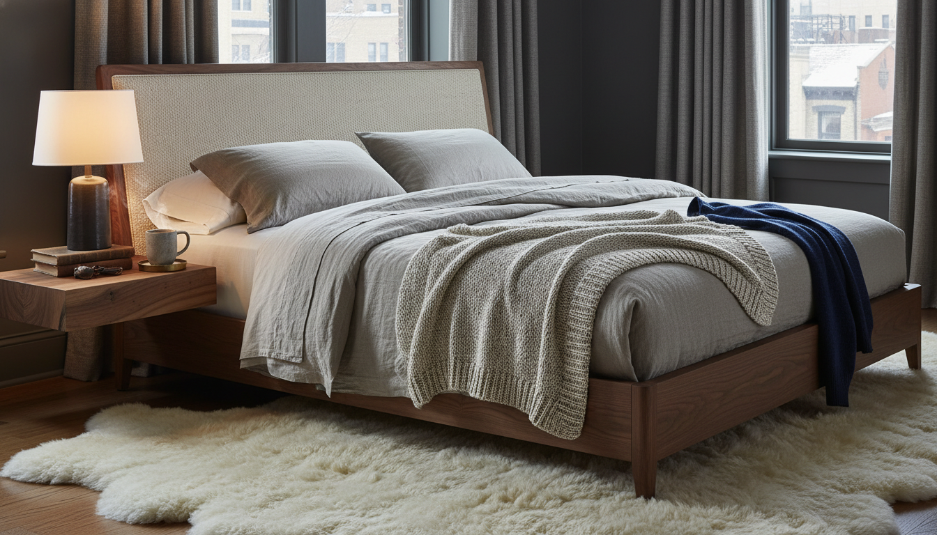 New York apartment bedroom with high pile winter rug and warm lighting