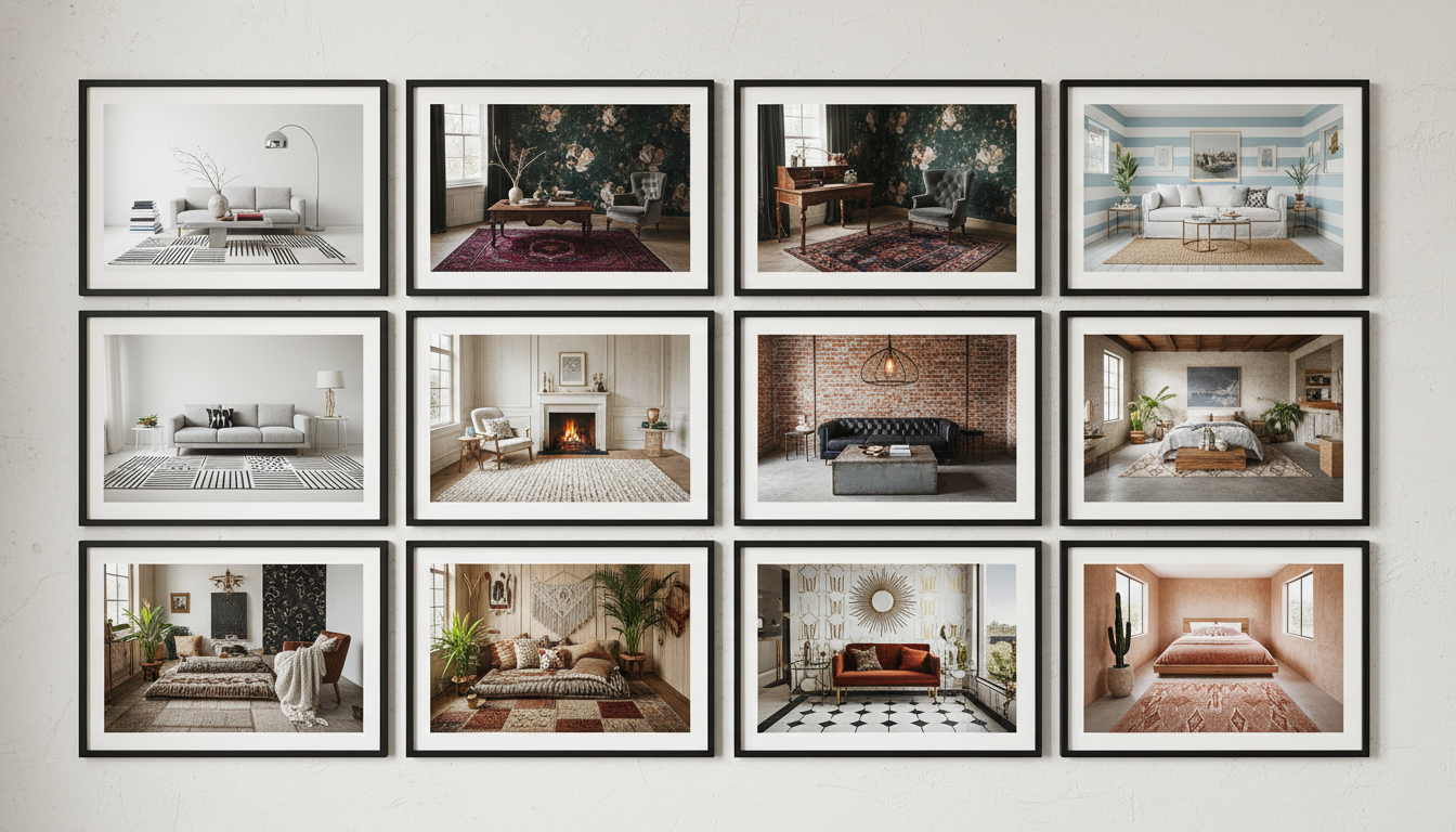 Eight diverse examples of rug, wallpaper, and curtain coordination for different interior styles.