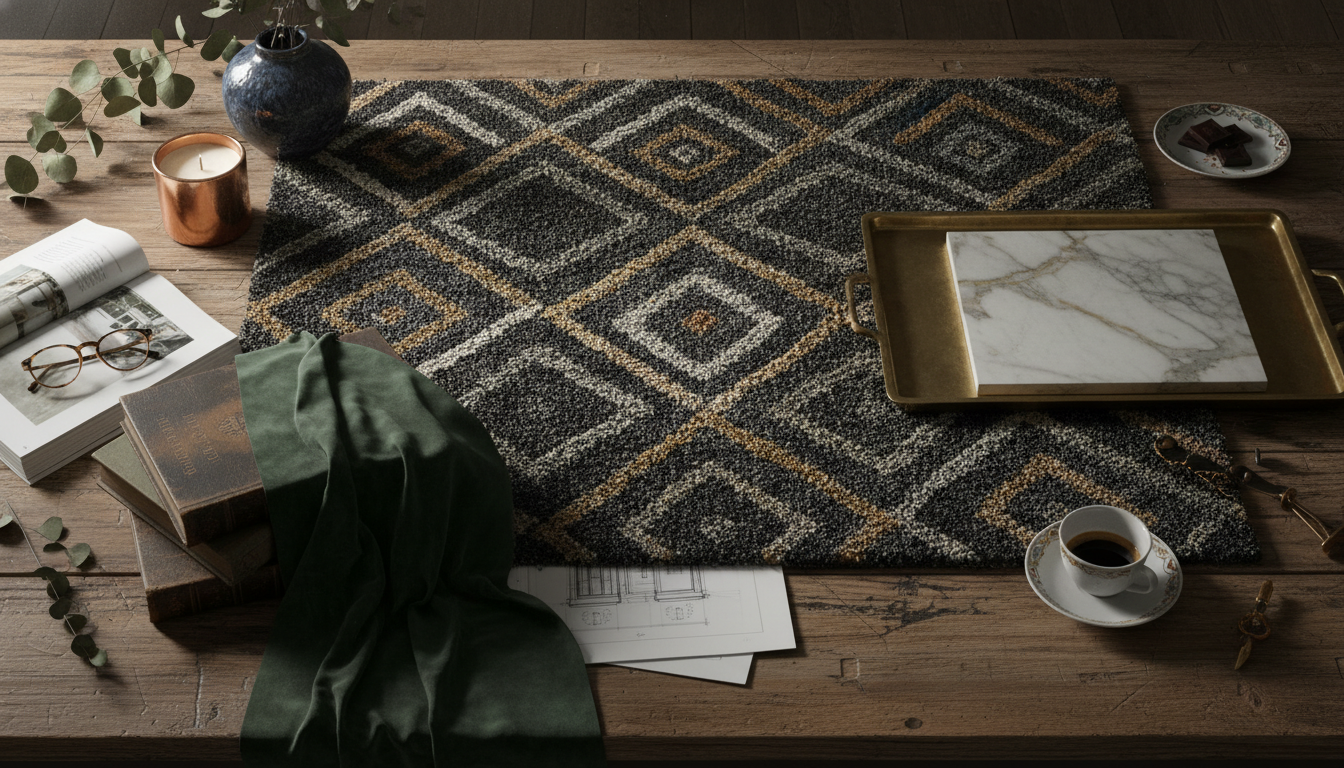 Interior design planning board showing the rug as the primary financial investment in a room design.