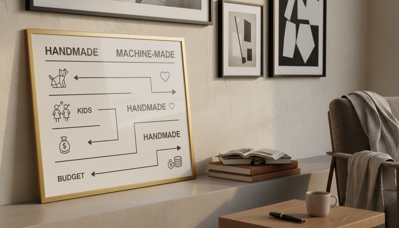 A stylishly presented rug decision matrix chart in a modern home gallery setting.