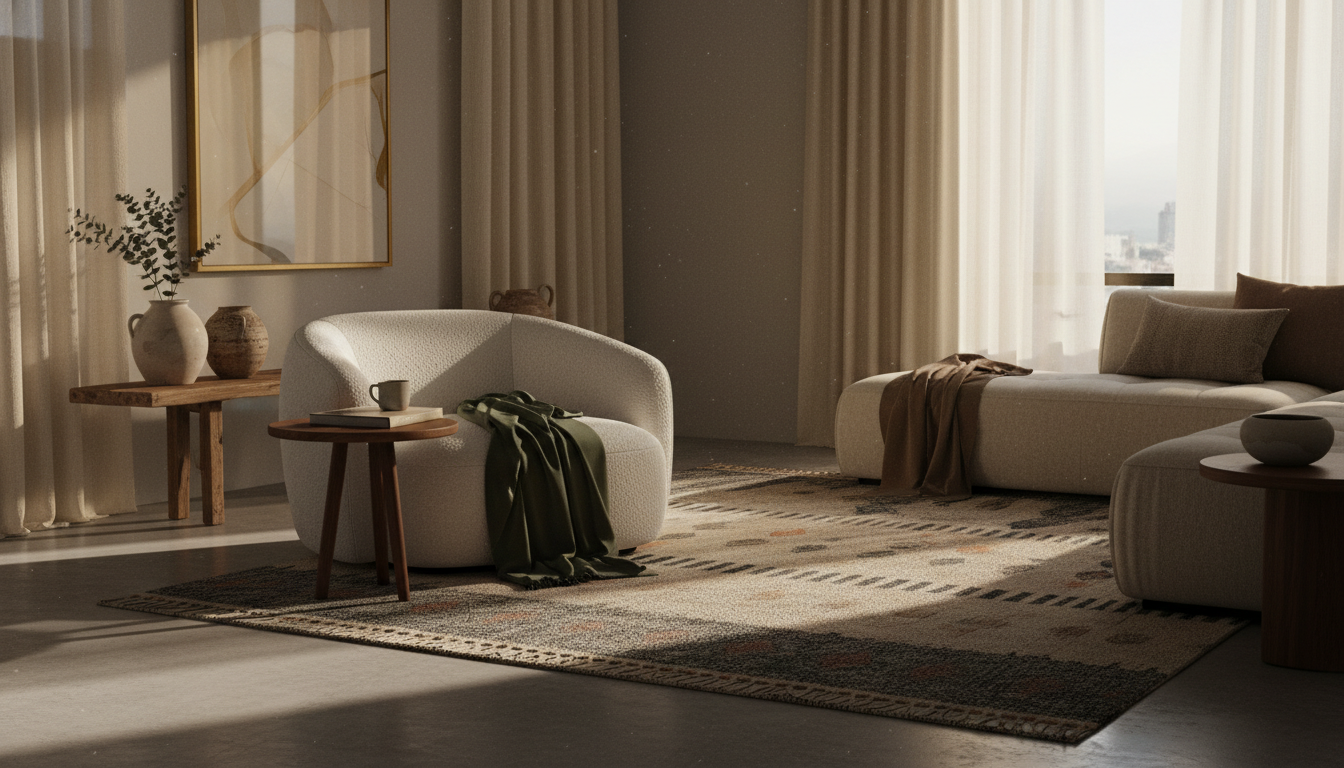 A sophisticated room layout mixing different fabric textures to make a budget rug appear more expensive.