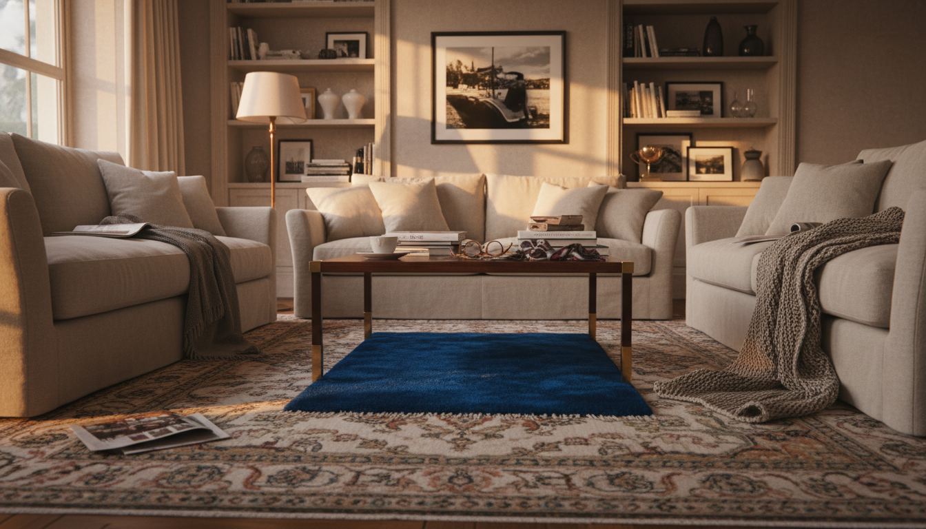 Interior design example of a rug that is too small for the room, illustrating the common mistake that makes tiny rooms feel cramped.