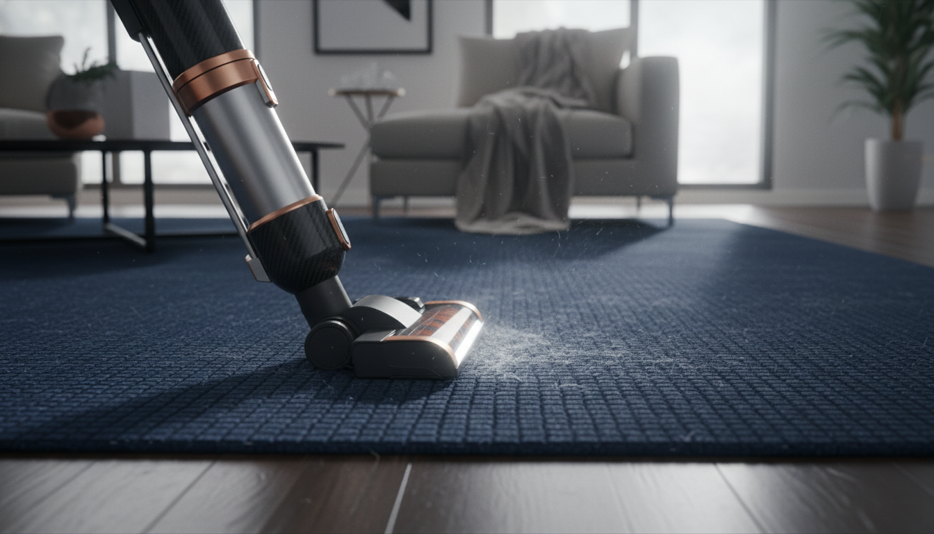 Vacuuming pet hair from a high-performance navy rug