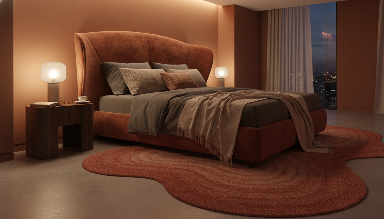 organic shape rug in terracotta tones matching a curved headboard and bedroom walls