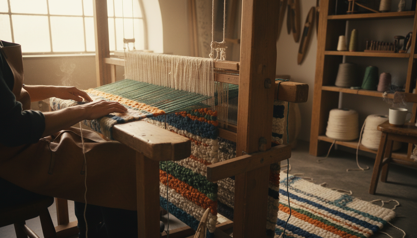 Close-up of a craftsman weaving a luxury wool rug on a traditional handloom.