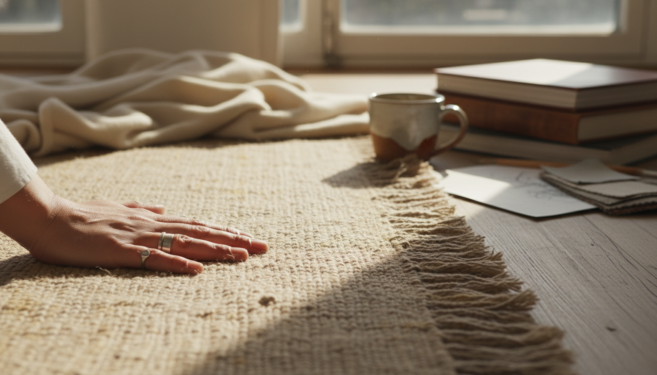 Close-up of hands feeling the texture of a sustainable raw flax rug 2026.