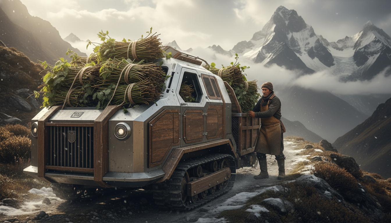 Ethical harvesting of wild Allo plants in the Himalayan mountains for sustainable rug production.