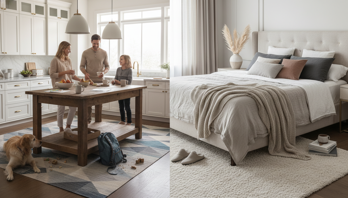 Real room examples comparing performance rugs in kitchens versus wool rugs in bedrooms