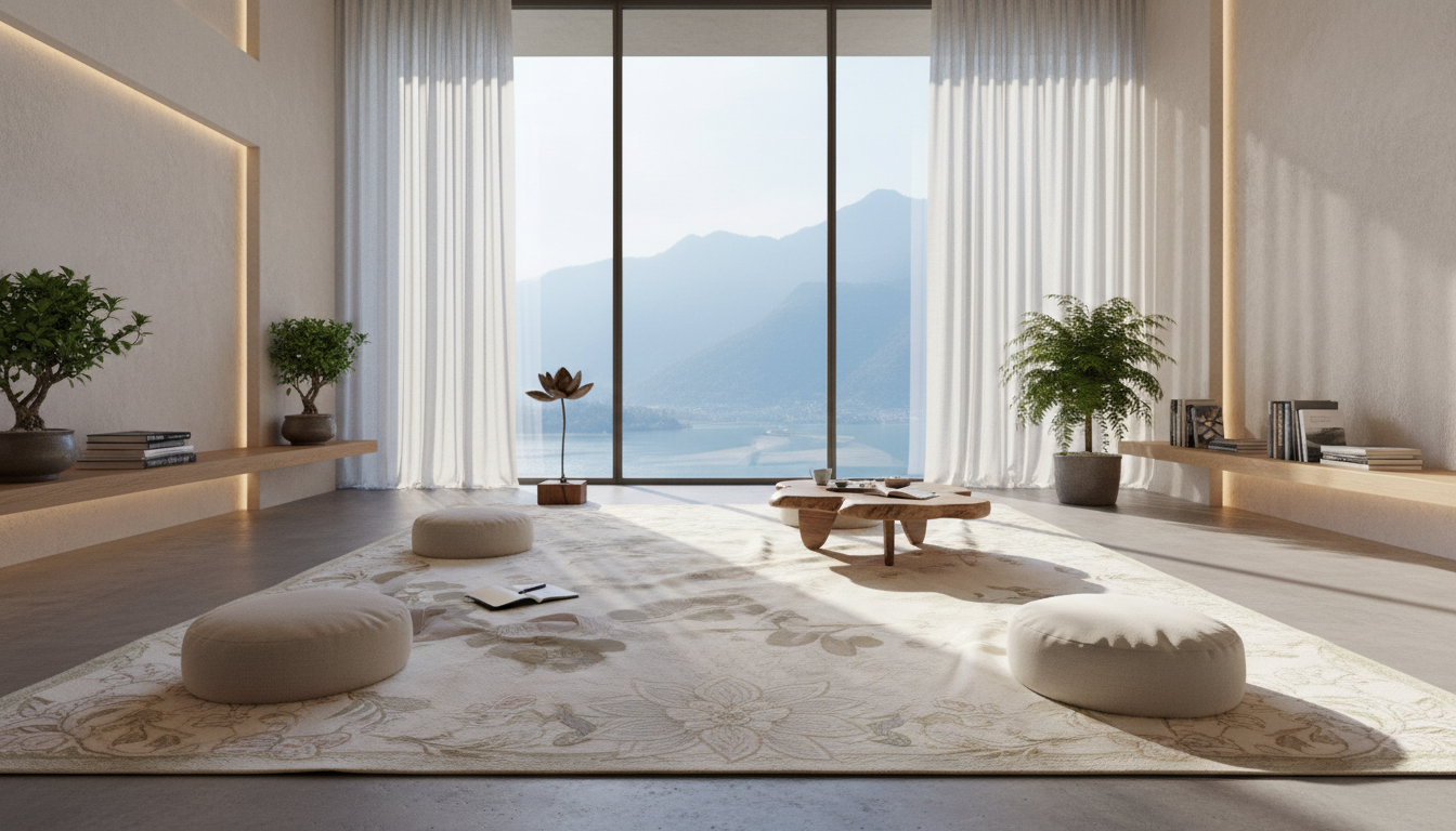 A serene wellness space highlighting the soft texture and luxurious feel of sacred fiber lotus silk rugs.