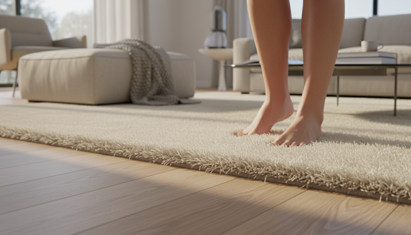 Low angle view of feet on a soft, high-pile milk-silk rug in a luxury home.