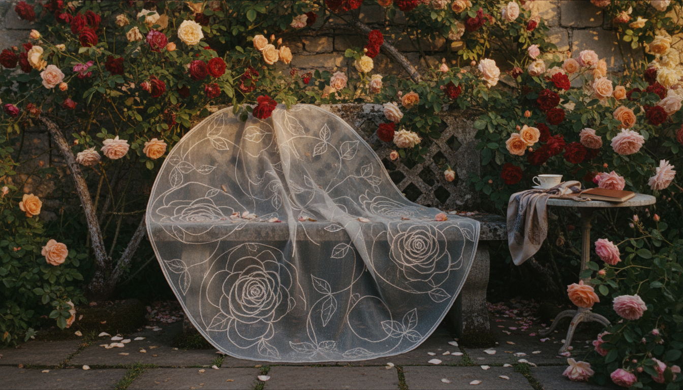 A romantic outdoor scene connecting the source material of rose petals to the finished luxury rug product.