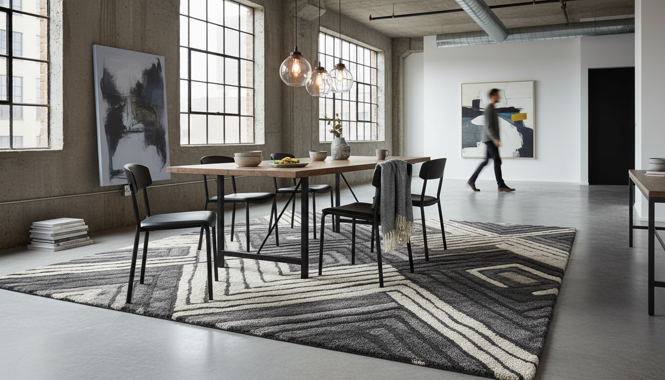 Modern dining area using a geometric sculpted rug to define the space against industrial concrete flooring.