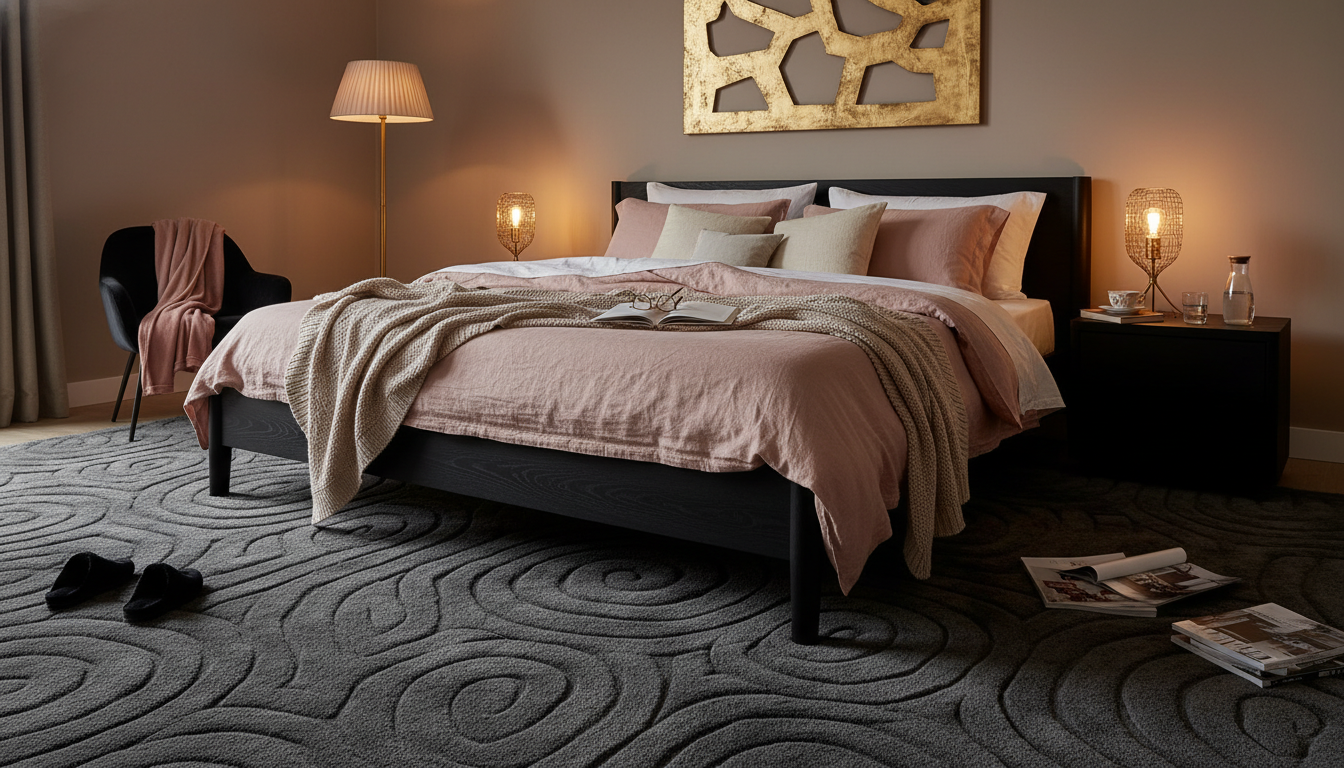 Moody luxury bedroom with a deep charcoal plush rug and blush pink accents.