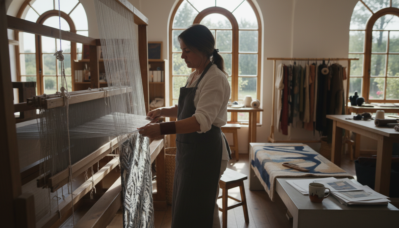 An artisan weaver working with futuristic fermented protein yarns in a traditional rug-making studio.