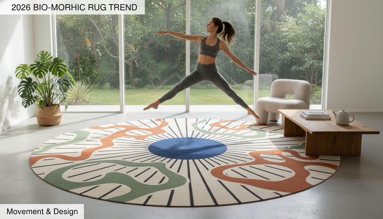 Neo-Deco rug 2026 design blending traditional Art Deco sunbursts with organic bio-morphic shapes.