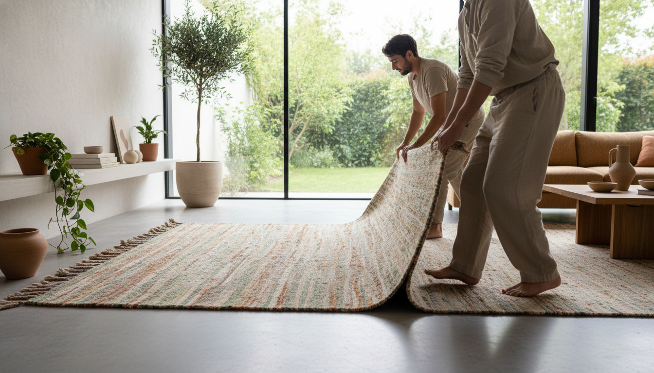 Modern 2026 interior design featuring a sustainable hand-knotted rug as a centerpiece.