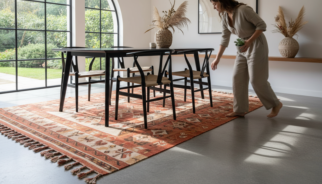 Modern dining room integrated with a warm-toned Afro-Bohemian rug for textural balance.