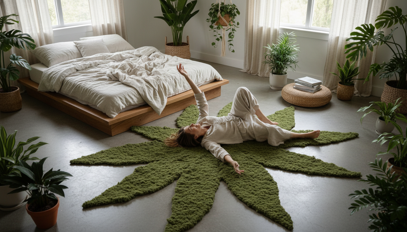 A puddle-silhouette moss rug positioned next to a bed in a boho-style bedroom for a soft, sensory morning experience.