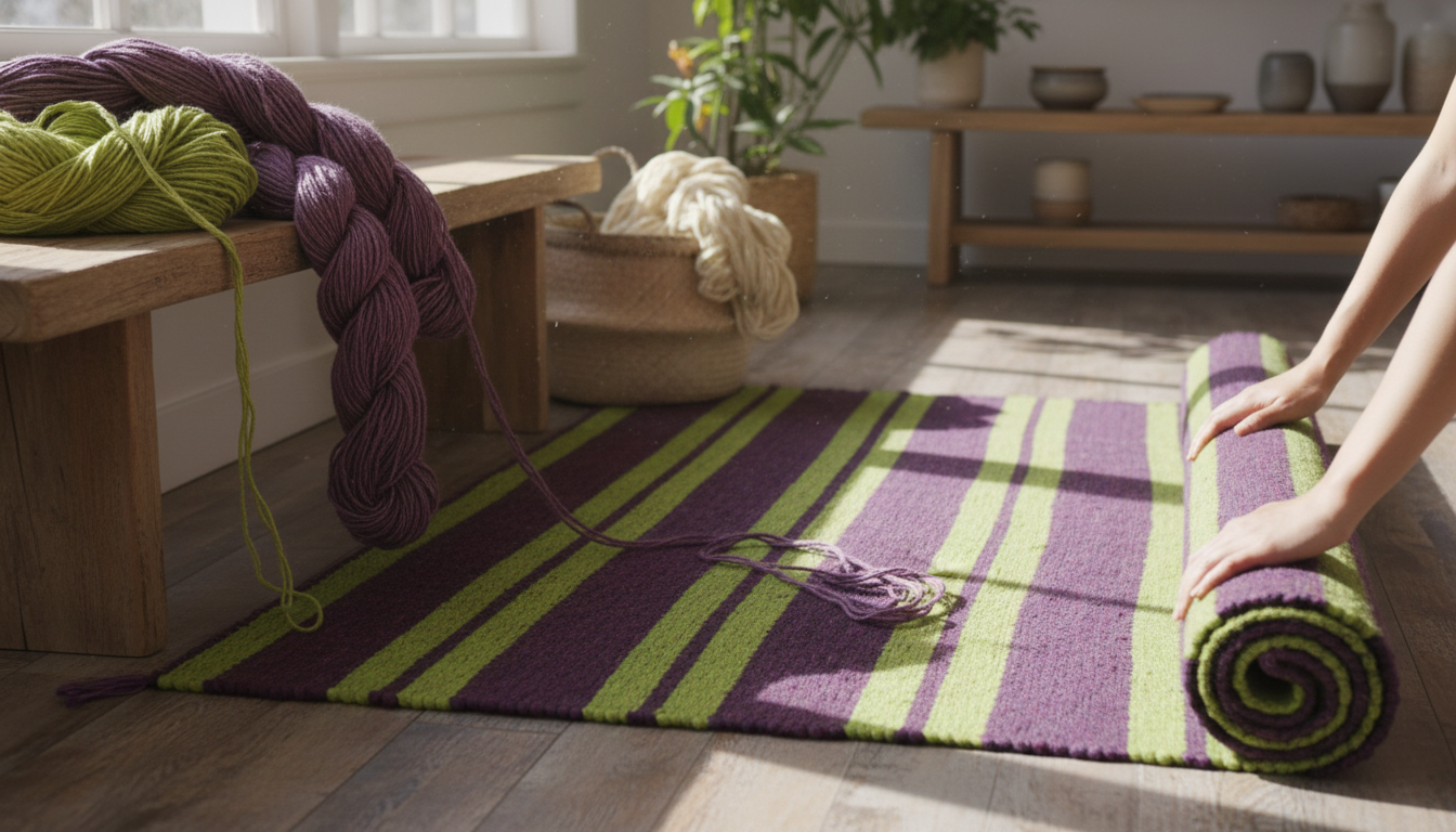 Sustainably sourced natural fibers dyed in deep plum and wasabi shades for 2026 rug collections.