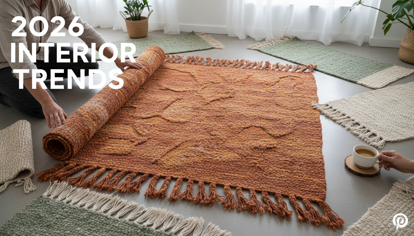 Collection of smart-fiber rug swatches in classic boho color palettes with high-definition texture.