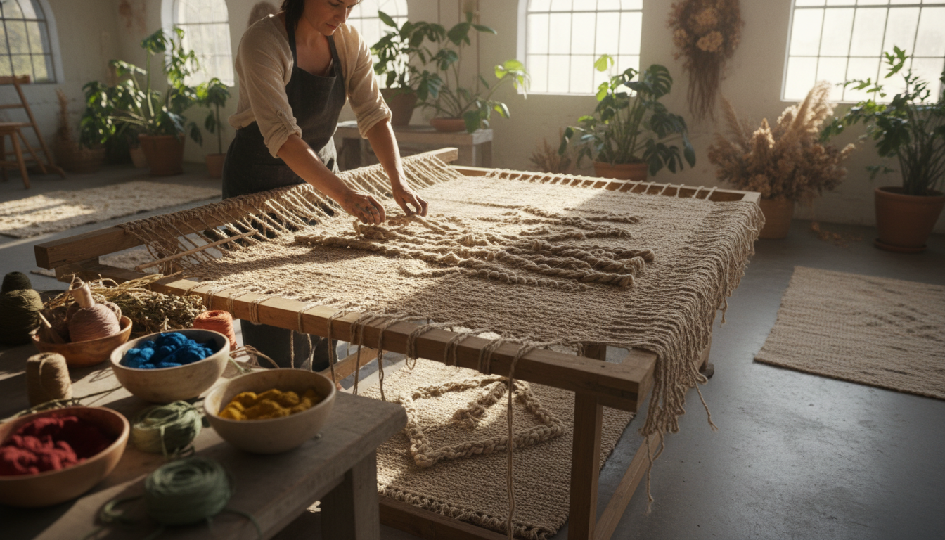 Artisanal rug production using sustainable materials like jute and organic cotton for wellness-focused interior design.