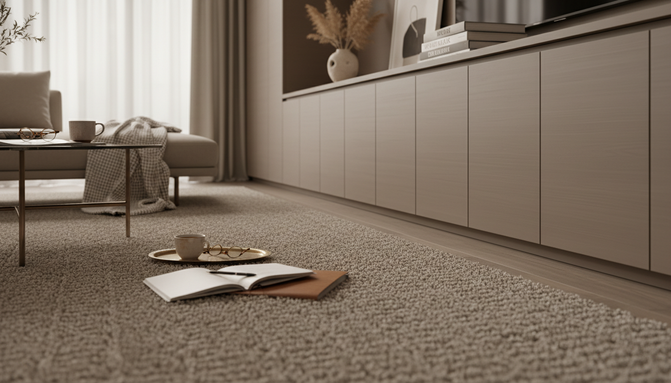 A luxury living room showcasing the perfect execution of the tonal drenching trend with a matching wool rug and cabinetry.