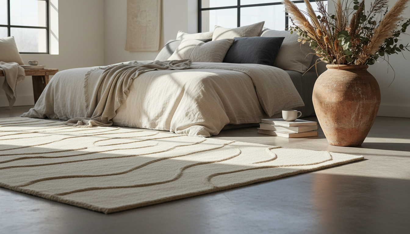 A Boho-style bedroom featuring a Tadelakt-textured wool rug that adds a modern architectural element to the soft decor.